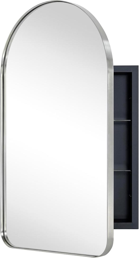 Brushed Nickel Arched Recessed Bathroom Medicine Cabinet with Mirror Stainless Steel Metal Framed Rectangular Bathroom Cabinet with Mirror 16x28.3''