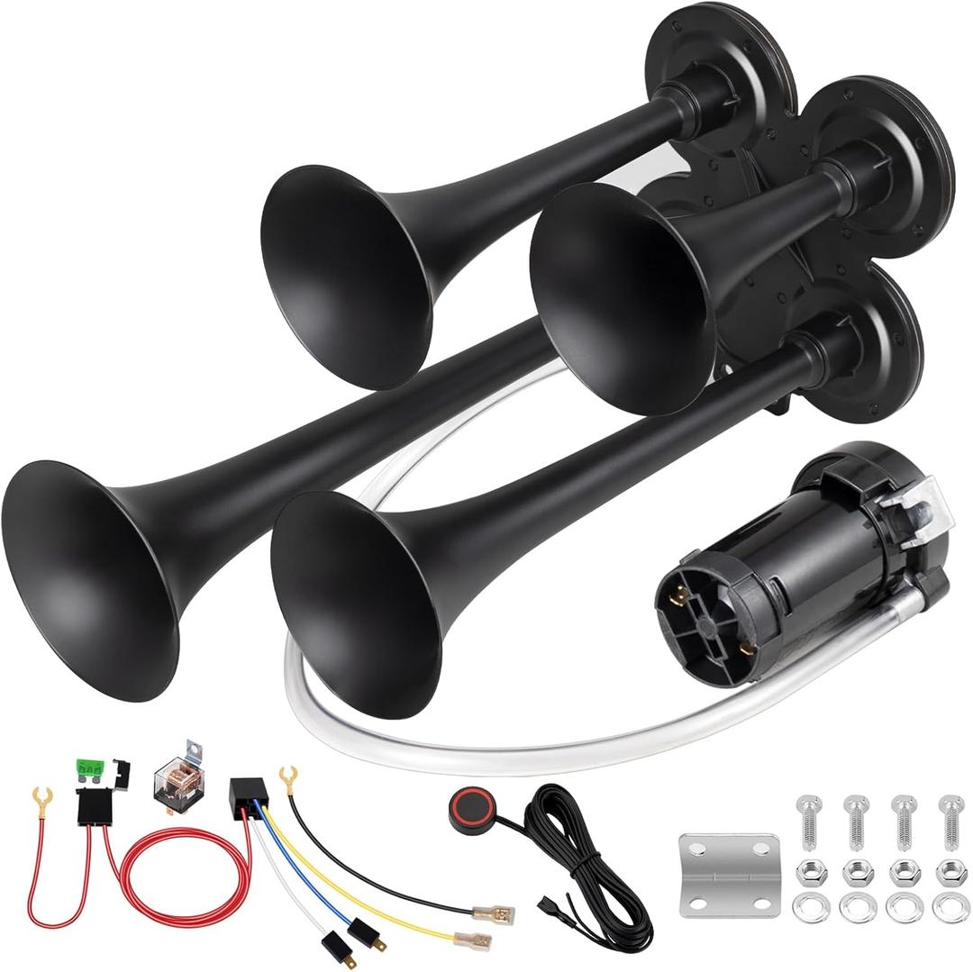 Truck Air Horn 180DB 4 Trumpet Horns Train Horn Kit for Truck 12V Super Loud with compressor suitable for pickup/motorhome/SUV/truck/train(4-Trumpet Black with Air Compressor 12V)