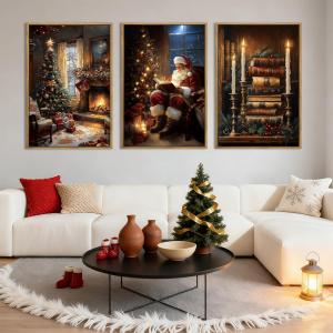 Christmas Canvas Wall Art Vintage Christmas Wall Decor Satan Framed Claus Paintings 12x16 Inches Set of 3 for Living Room Bedroom