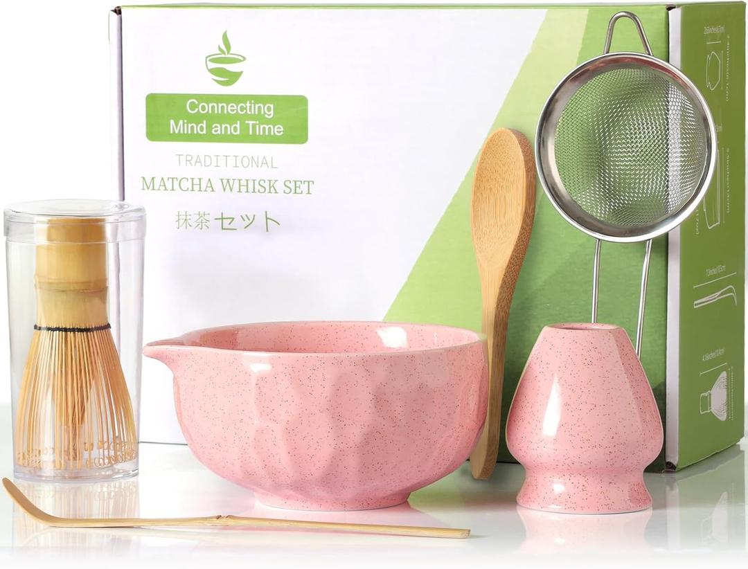 Matcha Whisk Sets,Japanese Matcha Set,Matcha Bowl with Spout,Matcha Whisk and Holder,Bamboo Scoop,Sifter - 6 Pcs Tea Set for Matcha Lover,Tea Ceremony,Thanksgiving,Christmas Gifts (Pink)