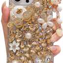 iFiLOVE for iPhone 13 Pro Max Bling Diamond Case, 3D Luxury Sparkle Glitter Crystal Rhinestone Butterfly Flower Pendant Charm Case Cover for Girls Women Kids (Champagne)