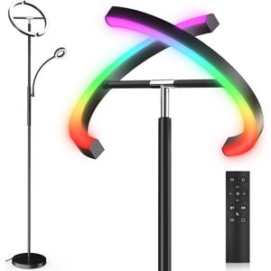SIBRILLE Upgraded 36W RGBCW Floor Lamp with Ring Reading Lamp, Rotatable Remote Control LED Standing Lamp Dimmable Floor Light Modern Standing Light for Living Room Bedroom Home Office, Black