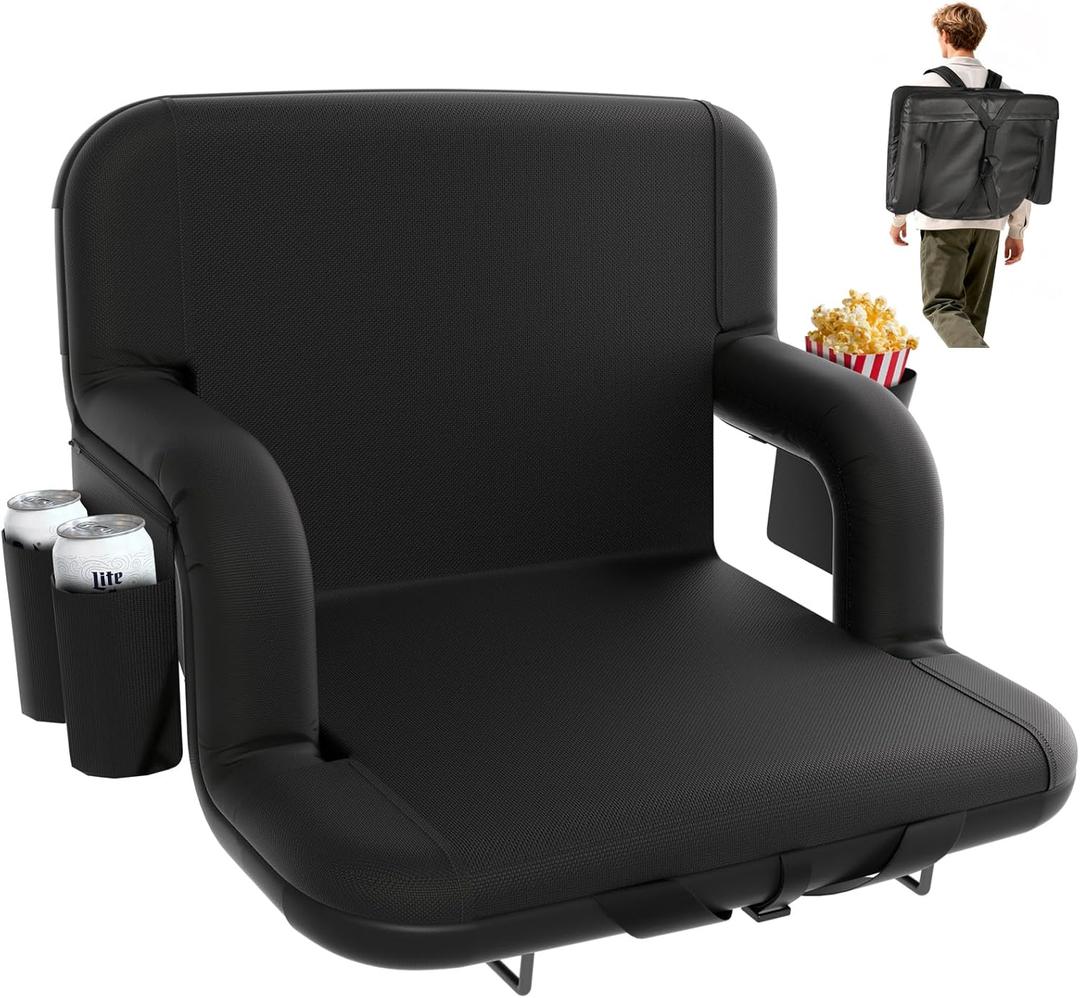 DEKEMASTER Stadium Seats with Back Support - Portable Bleacher Chairs with Back and Cushion, 6 Adjustable Positions Pdded Bleacher Seat for Sport Events Camping Fishing (Extra Wide - 25", Black 1pc)