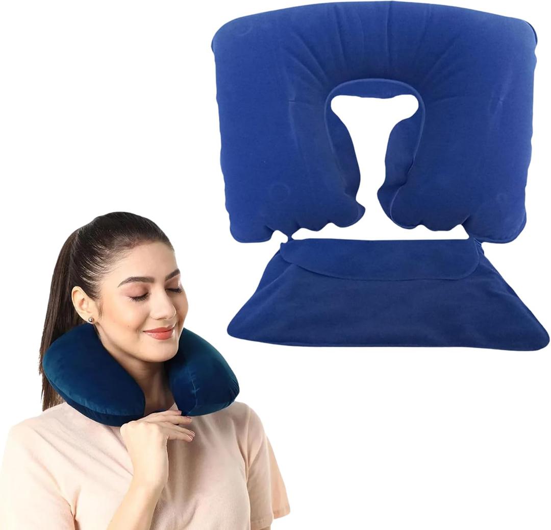 Inflatable Neck Pillow with Washable Pillowcase – Travel Neck Pillow for Airplanes, Cars & Road Trips, Lightweight Plane Pillow for Long Flights, Travel Accessories & Essentials for Women & Kids