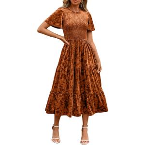 Simplee Velvet Dress for Women Semi Formal Short Sleeve Floral Smocked Empire Waist Fall Winter Wedding Guest Dresses (Medium, Earthy Orange)