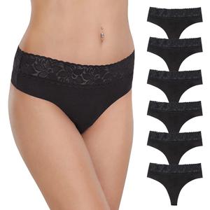 Women's Thongs Underwear Cotton Seamless Thongs for Women Lace Trim Panties (Medium)