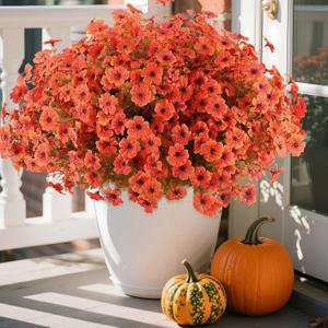 Hananona 18 Pcs Artificial Mum Flowers for Outdoors, Faux Fall Mums Silk Flower for Outside, Fake Orange Flowers for Fall Patio Front Door Planter Autumn Halloween Home Decorations (18, Orange)