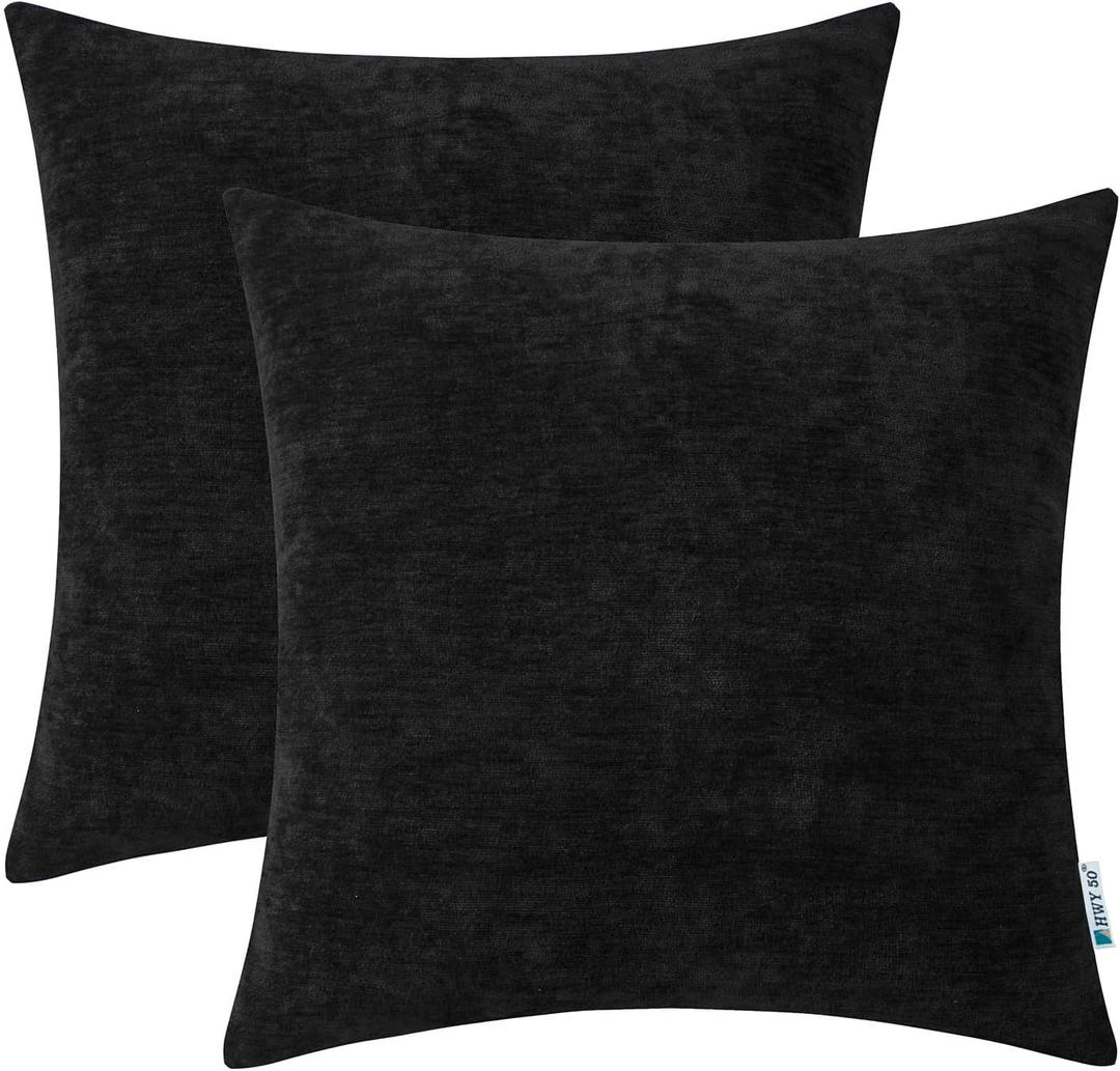 HWY 50 Couch Throw Pillow Covers Decorative 16x16 Inch Pack of 2 Soft Chenille Solid Black Cushion Cases for Sofa Living Room Bed