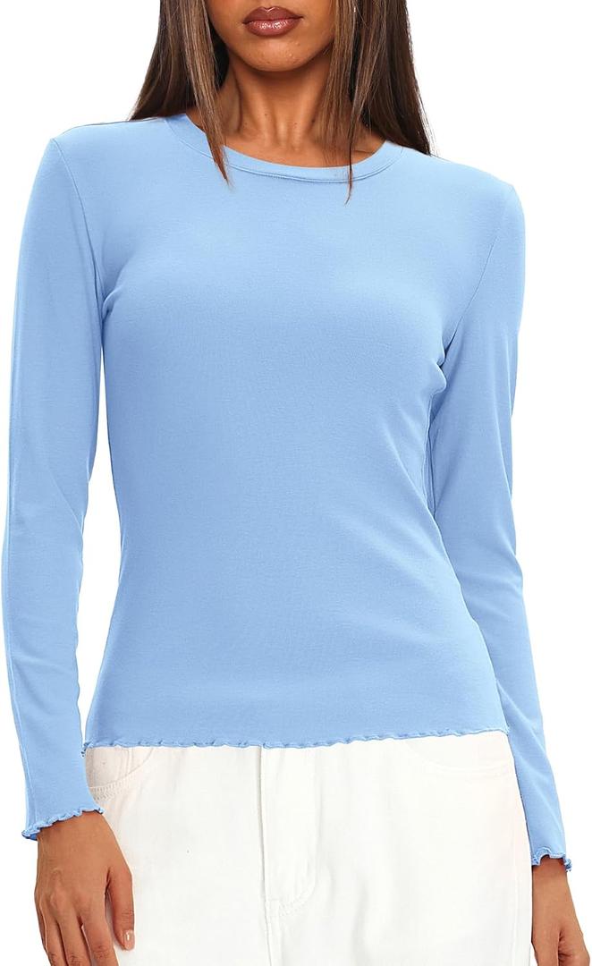 Darong Long Sleeve Tops for Women Basic Fitted Shirts | slim fit, crew neck, fall tshirt, ribbed knit, undershirt, soft material,lettuce edge, stretch (Blue, XS)