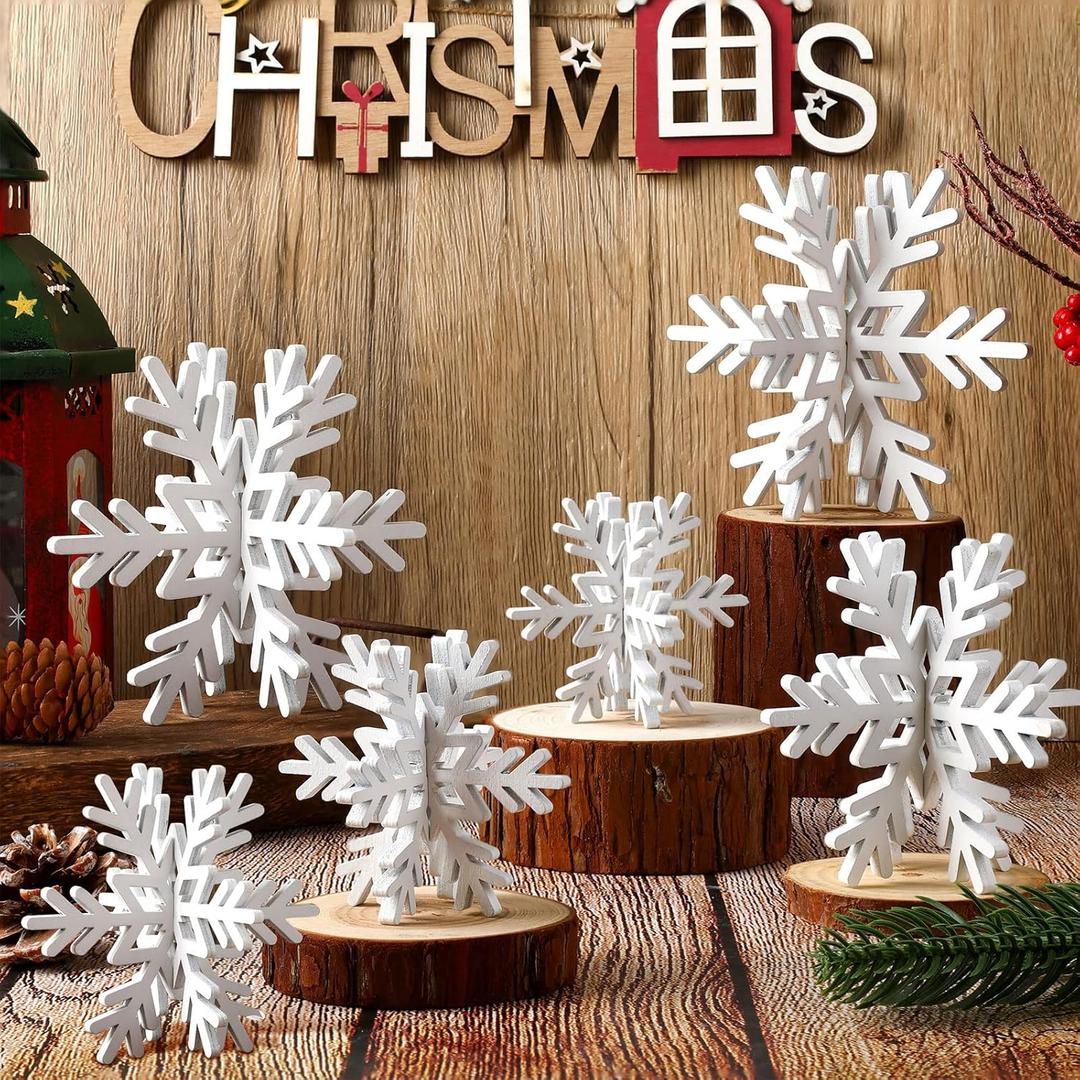 Bucherry Wooden Snowflake Table Decor 3D Snowflake Tabletop Signs and Centerpiece for Christmas Xmas Winter Wonderland Decorations Home Party(White)