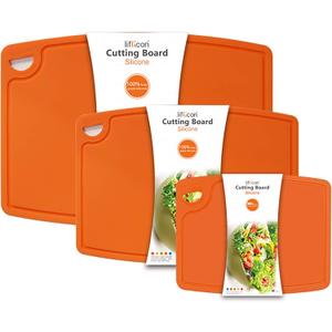 Liflicon Silicone Thick Cutting Boards Mats Set of 3pcs Foldable & Flexible Design Juice Grooves Easy Grip Handle Dishwasher Safe for Kitchen,BPA free Chif-Orange