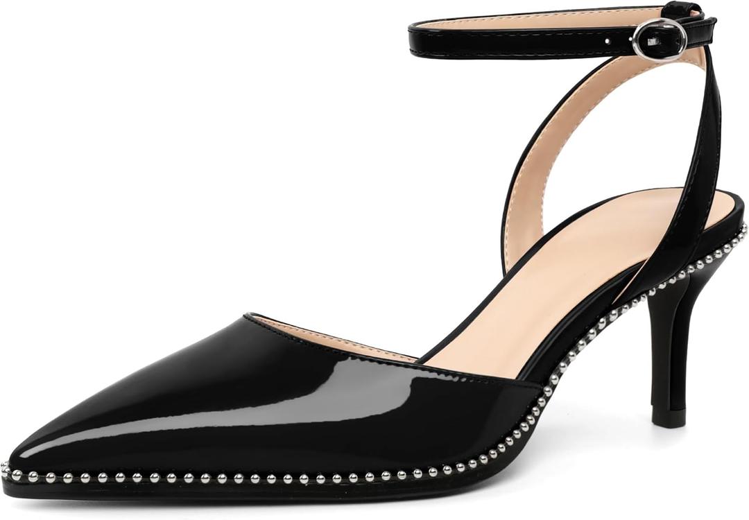 SAMMITOP Kitten Heels for Women Low Heel Closed Toe Ankle Strap Pumps Wedding Party Beaded Dress Shoes 2.4 Inch (Black, 9.5)