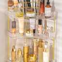 NATURE'S SOURCE Makeup Organizer for Vanity, 3-Tier Corner Bathroom Organizer Countertop with Makeup Brush Holder, Corner Counter Storage for Bathroom, Dresser, KitchenClear