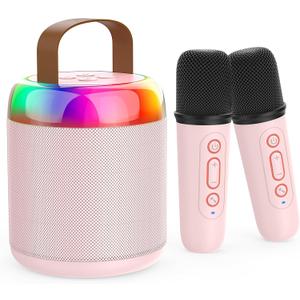 Mini Karaoke Machine for Kids Portable Bluetooth 5.3 Speaker Led Lights with 2 Wireless Microphones Karaoke Gifts for Girls Boys Adult Birthday Christmas Solid Metal Body (Pink)