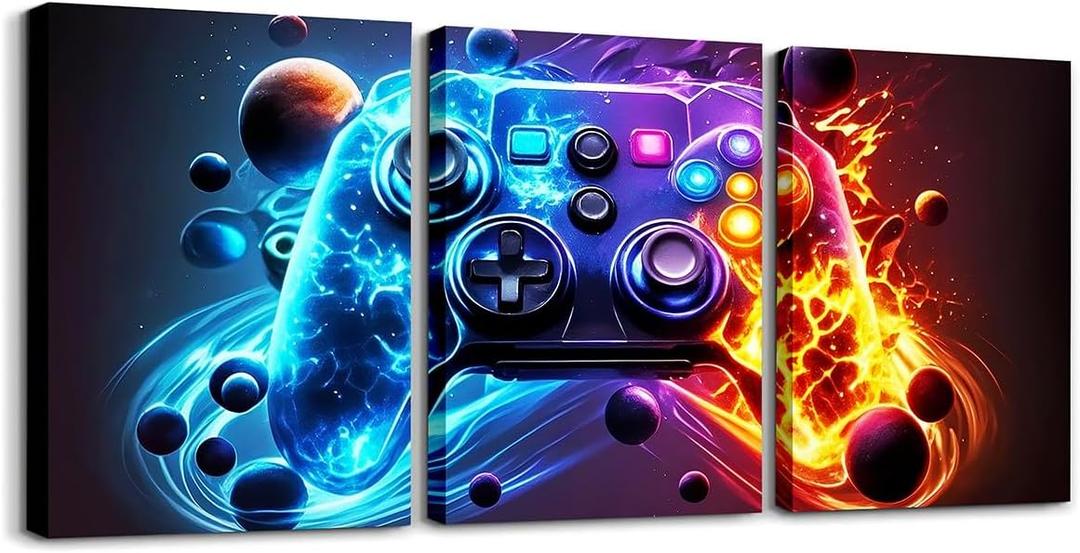 Feelyou 3pcs Kids Boys Gamer Canvas Wall Art for Living Room Gaming Picture Wall Decor for Dining Room Bedroom Bathroom Space Styles Game Gamepad Poster Painting for Home Decor (Black Red Orange Blue)
