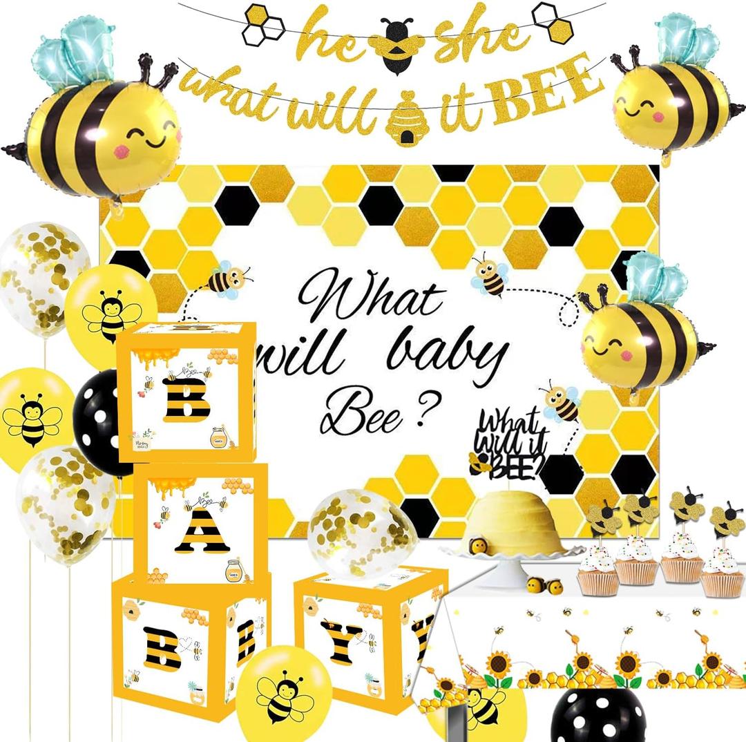 What Will It Bee Gender Reveal Party Decorations, Bumble Bee Baby Shower Supplies Include Banner, Tablecloth, Backdrop, Balloons, Boxes, Topper, Honey Bumble Bee Theme Party Decorations