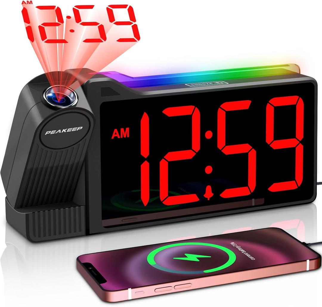 Peakeep Projection Alarm Clock for Bedroom Ceiling 180 Rotatable, Loud for Heavy Sleepers, Colorful Nightlight, 5 Brightness Dimmable Large Number Bedside Electric LED Digital Clock with USB Port (Red Digits; Red Projection)