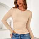 PRETTYGARDEN Womens Long Sleeve Shirts 2026 Fall Trendy Crewneck Slim Fit Asymmetrical Going Out Tops Ruched Tee Y2k Clothes (XL)