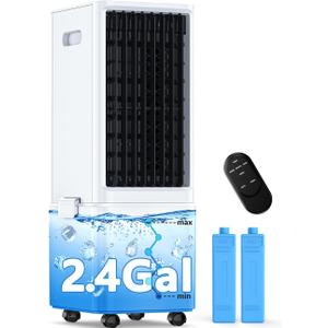 4-IN-1 Portable Air Conditioners with 4 Modes & 3 Speeds, Mute Operation, Waterless Alert System, 2.4-Gal Tank for 20H Cooling, 20FT Remote & 12H Timer, Evaporative Air Cooler for Room Bedroom