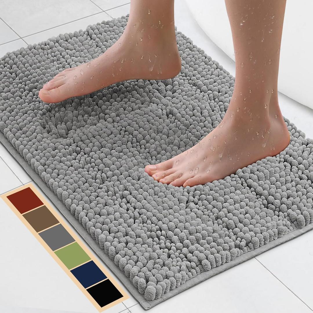Bcoimo 24"17" Chenille Bath Mat  Non-Slip with Backing Bath Rug Ultra-Absorbent and Machine Washable Bathroom Mat Quick-Dry Design. Ideal for Bathroom and Tub Areas (Grey)