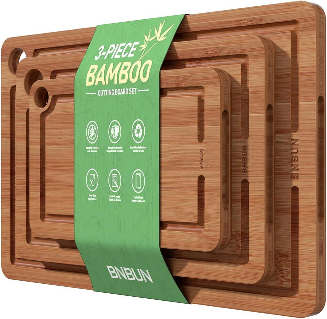 Bamboo Cutting Board for Kitchen, Wooden Cutting Board 3-Piece Set with Non-Slip Mat Deep Juice Groove and Built-In Handles, Wood Cutting Boards for Meat, Vegetables Fruit Ideal Gift for the Home