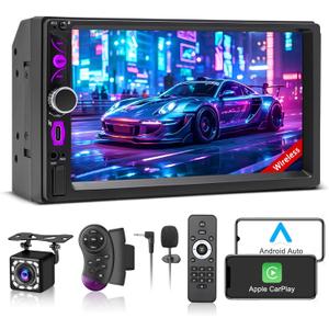 7" Wireless Double Din Car Stereo Carplay Radio Screen for Car Audio Receivers, Car Stereo with Backup Camera, Car Play Android Auto Touchscreen, Mirror Link, Bluetooth, SWC, AM/FM, Type-C
