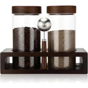 Glass Coffee Grounds Container with Shelf 2 x 44 oz Glass Coffee Bean Storage Canisters with Airtight Thread Lid and Measuring Spoon Food Storage Jars for Kitchen Sugar(Plain Style)