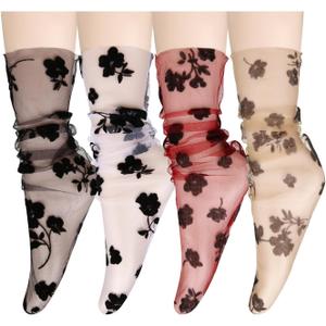 Violet Mist Women's Lace Ankle Socks Sheer Mesh Slouch for Women Girls Cute Tulle Loose Transparent Dress Socks Decorated