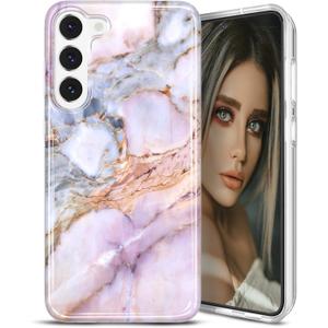 JAHOLAN Galaxy S23 Case Fashion Marble Design Clear Bumper Glossy TPU Soft Rubber Silicone Cover Phone Case for Samsung Galaxy S23 5G 6.1" 2023 - Purple Pink