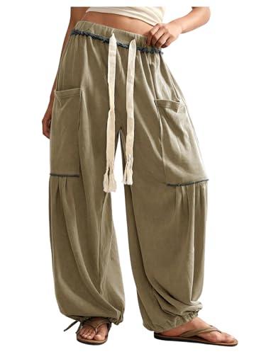 RoseSeek Women's Baggy Boho Harem Pants Drawstring Waist Wide Leg Sweatpants Casual Trousers Joggers with Pockets Army Green, Small
