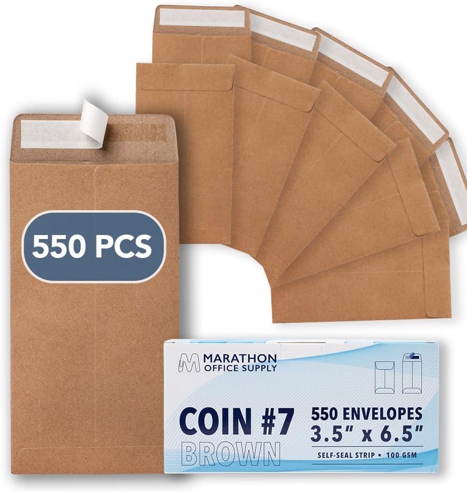 MOS #7 Brown Coin Envelopes 3.5 x 6.5 Inch 550 Pack  Self-Seal Kraft Money Envelopes for Cash, Budgeting, Savings Challenges, Seed Storage, Small Parts