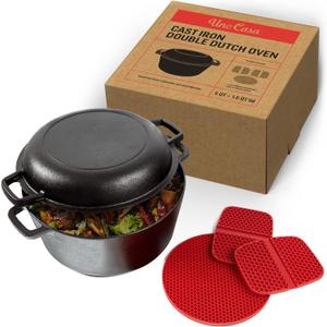 Uno Casa 2-in-1 Cast Iron Dutch Oven Large - 5 Quart Dutch Oven Pot with Lid, Pre-Seasoned Cooking Dish for Bread Baking and Stews - Heavy Duty Cast Iron Pot with Detachable Frying Pan Lid for Versatile Cooking