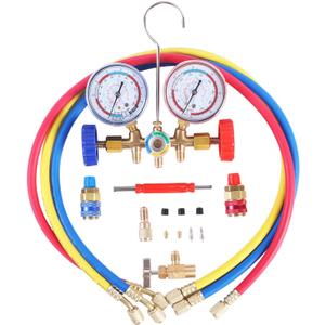 JIFETOR 3 Way AC Manifold Gauge Set, HVAC Diagnostic Charging Tool for Auto Household R404A R134A Refrigerant with R134A Quick Couplers 3FT Charging Hose Can Tap Adapter Valve Core Tool