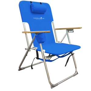 Caribbean Joe Folding Beach Chair, 4 Position Portable Backpack Foldable Camping Chair with Headrest, Cup Holder, and Wooden Armrests, Blue