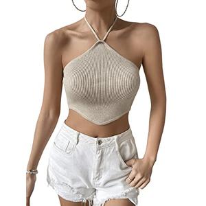 SweatyRocks Women's Sleeveless Tie Back Asymmetrical Hem Knitted Halter Cami Crop Top Beige S SweatyRocks Women's Sleeveless Tie Back Asymmetrical Hem Knitted Halter Cami Crop Top Beige S