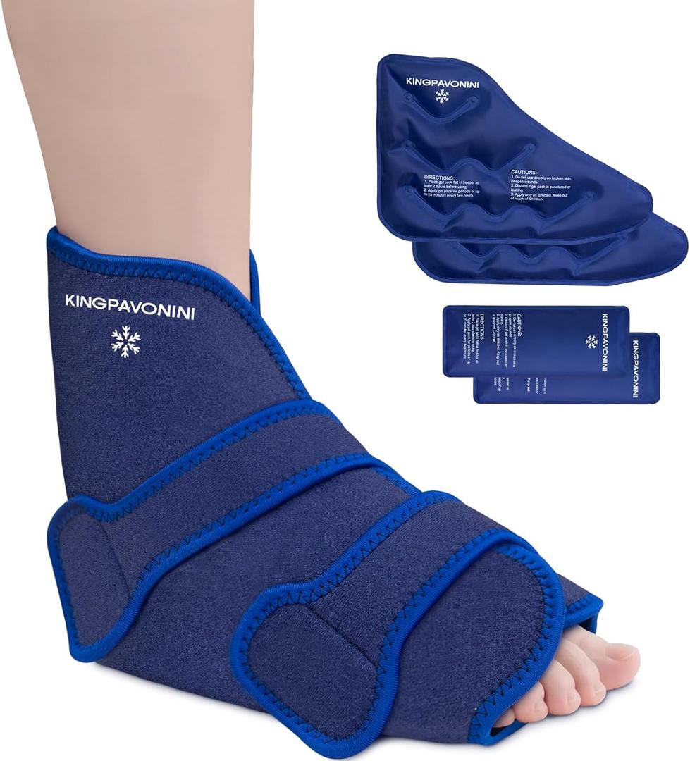 KingPavonini Ankle Foot Ice Pack Wrap for Sprained Ankle and Surgery Recovery, Reusable Gel Ice Packs for Feet Injuries, Plantar Fasciitis, Achilles Tendonitis, Standard Size(1 Wrap+4 Gel Packs)