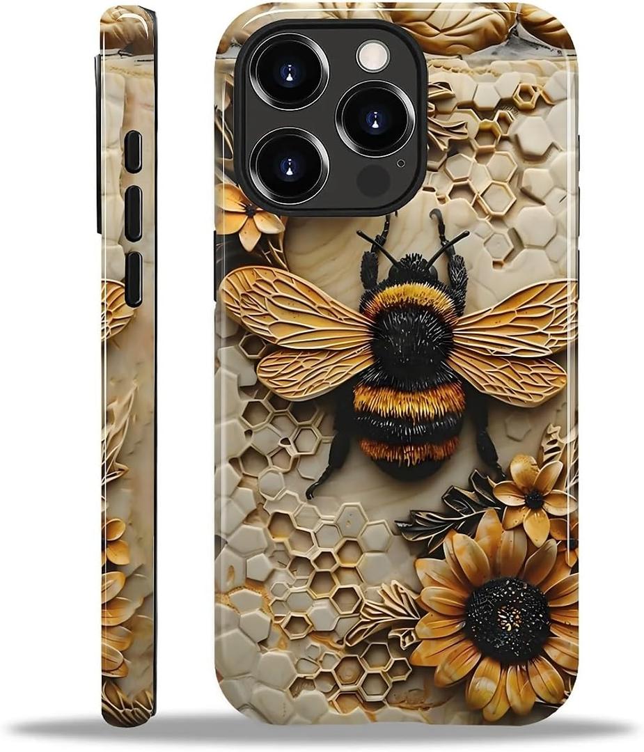 Compatible with iPhone 15 Pro Max Case - Dual-Layer Protection, Hard Shell with Silicone Interior,Slim Scratch Resistant Shockproof for Woman Men - Bumblebee Sunflower Honeycomb