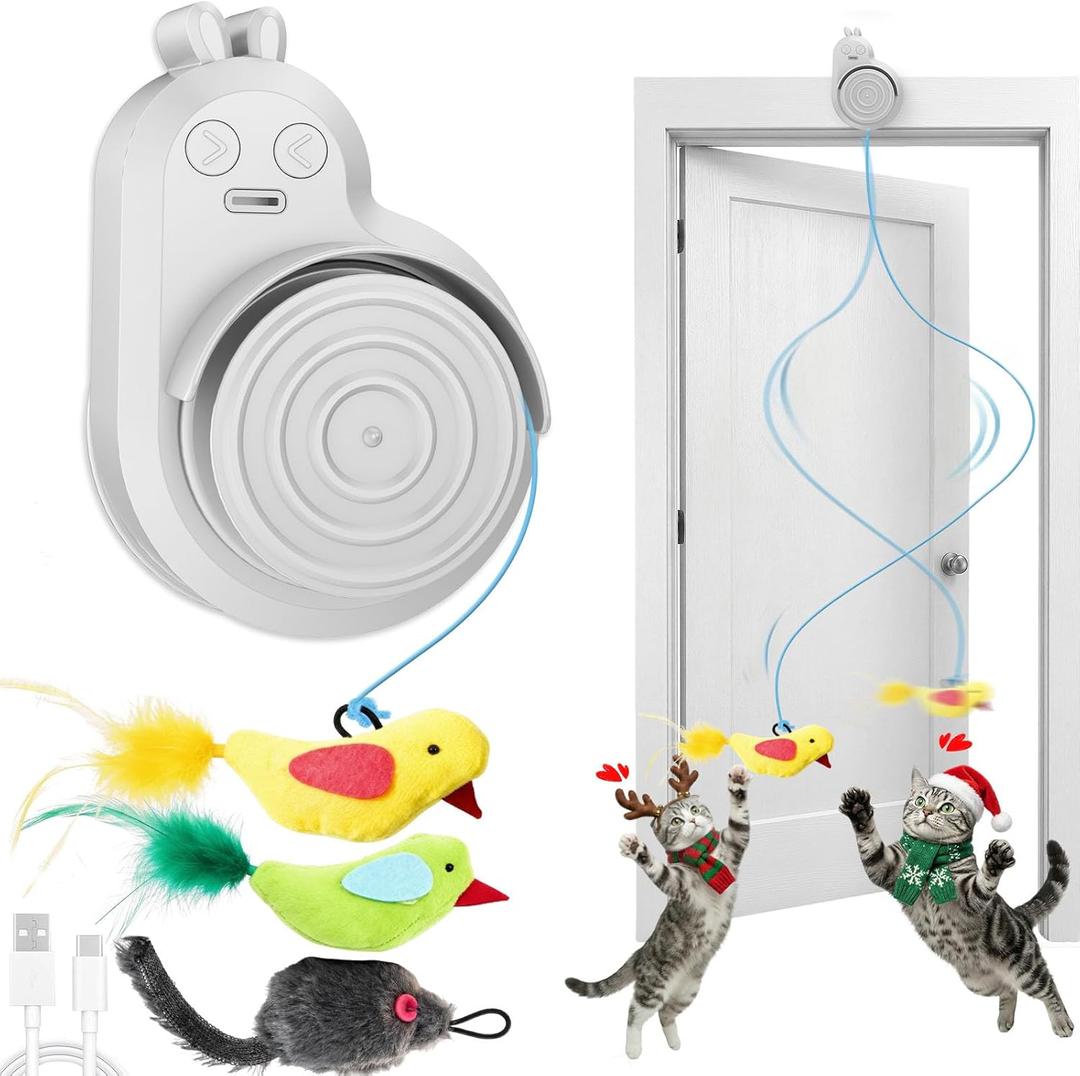 Interactive Cat Toys for Indoor Cats - Automatic Flying Bird Feather & Mouse Wand Enrichment Toy, Hands-Free or Handheld USB-Rechargeable Safe Play Chase Exercise for Bored Kittens and Adult Cats (Grey)