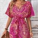 Women's V-Neck Wrap Around Cinched Waist Floral Print Jumpsuit, Suitable For Beach Vacation (Pink, S)