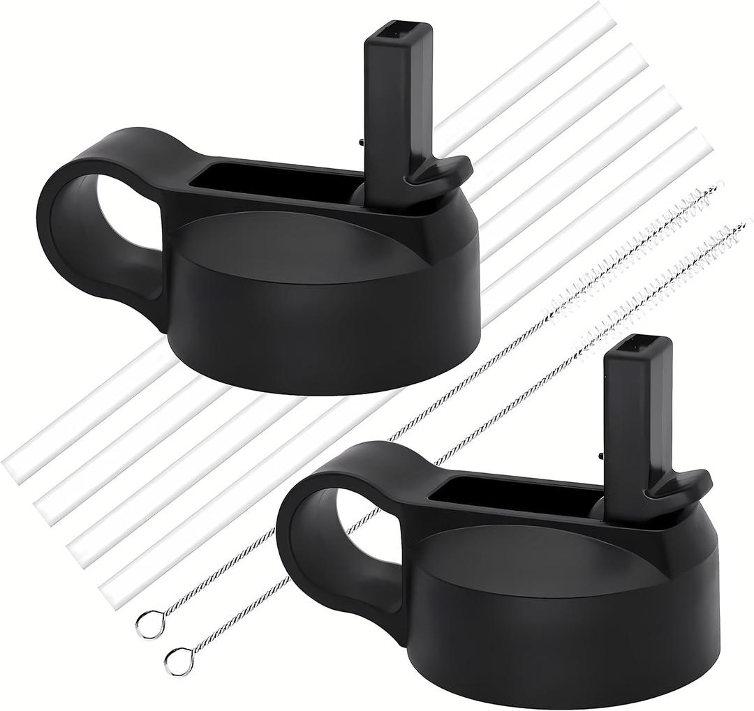 2-Pcs, Replacement Straw Lid for Hydroflask Wide Mouth Water Bottle, Top Lids with Straw for Hydro Flask Accessories, Replacement Straw Cap for Hydroflask 32 40 64 oz Wide Mouth Bottle (Black & Black)