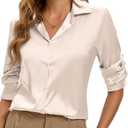 Womens Dressy Business Casual Blouse Long Sleeve Tops Satin Silk Work Shirt Outfits Cream Beige V Neck Top Silky Button Down Up Blouses for Women Oversized Collared Elegant Shirts 2025 Apricot XXL
