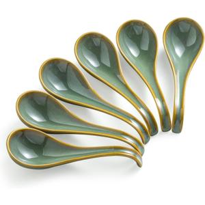Gomakren Soup Spoons Set of 6, Asian Soup Spoons 6.5 Inch Ramen Spoons, Christmas Ceramic Chinese Spoon Set for Soup, Cereal, Pho, Noodles, Dumpling, Mothers Day Gifts, Dishwasher Safe, Blue-Green