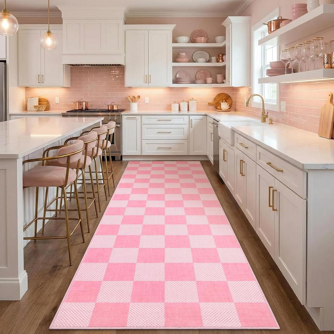 GarveeHome Checkered Blush Pink and White 2x6 Washable Kitchen Runner Rug Geometric Diamond Dot Modern Soft Low-Pile Girls Long Rug for Bedroom Hallways Entryway Non-Slip TPE Backing