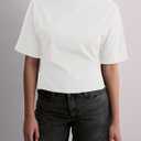Women's Y2K Open Back Shirts Adjustable Tie Back Cinched Waist Crop Tops Half Sleeves Crew Neck Pullover Cotton Tees (White) XL