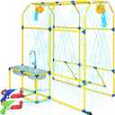 Water Park Sprinkler Toy, Backyard Splash Waterpark Game with Shooting Toys, Dump Bucket, Water Table & Faucets, Sprinkler for Kids Outdoor Summer Water Activities Fun Play (Yellow)