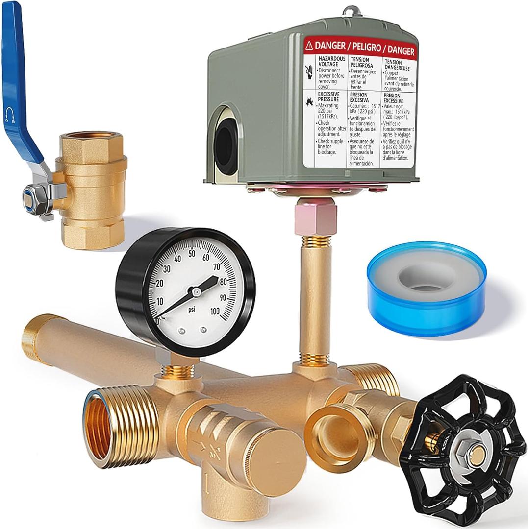 Pressure Tank Tee 40-60psi Water Pressure Tank Installation Kit with Well Pressure Switch and Pressure Gauge, fit Most Tanks with Diameters up to 16"