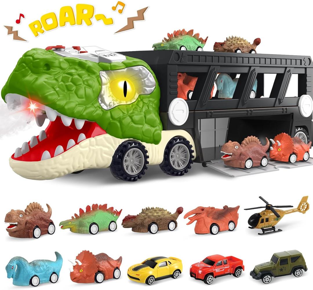 Dinosaur Toys for Kids Age 3-5 5-7, 17 Inch Big Dinosaur Truck with Sounds & Lights & Spray for Boy, Dinosaur Truck Carrier with 10 Mini-Cars, Xmas Birthday Gifts for Toddlers 3 4 5 Year Old