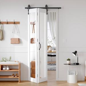FREDBECK Bifold Barn Door 36x84 (Double 18x84) with 1 Lites Mirror,Bi-fold Closet Doors Hardware Kit Included,40" Track for 2 Doors, PVC, White,for Living Room, Bathrooms, Kicthen