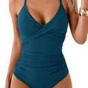 B2prity Women's One Piece Swimsuits Tummy Control Front Cross Bathing Suits Tie Back Slimming V Neck Swimwear (Blue, Large)