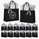 Sanwuta 12 Pack Canvas Tote Bag Bulk Initial Black Canvas Tote Bags with 28 Tissues Sublimation Tote Bag Large Present Bag Reusable Gift Bag for Women Wedding Birthday Beach Holiday